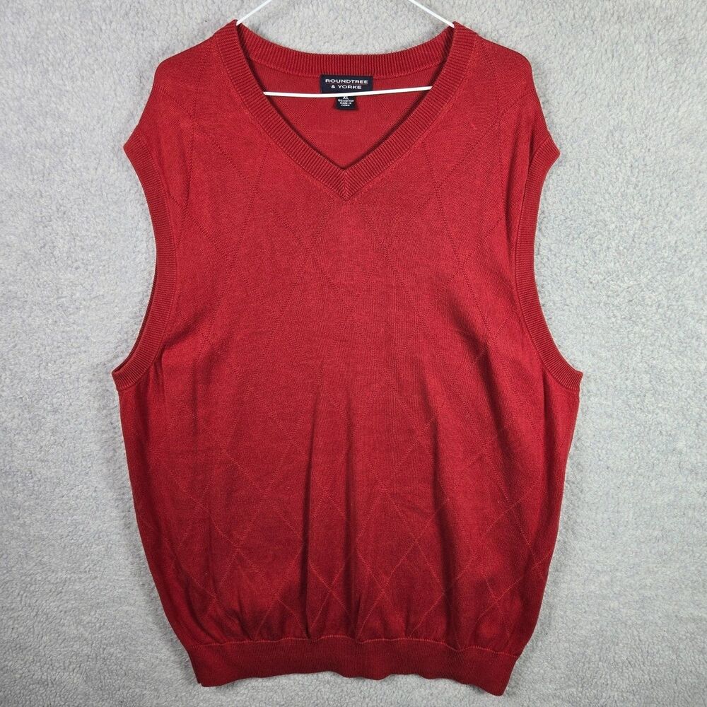 Roundtree & Yorke Mens XL Sweater Vest Red V-Neck Cotton Diamond Knit Sleeveless